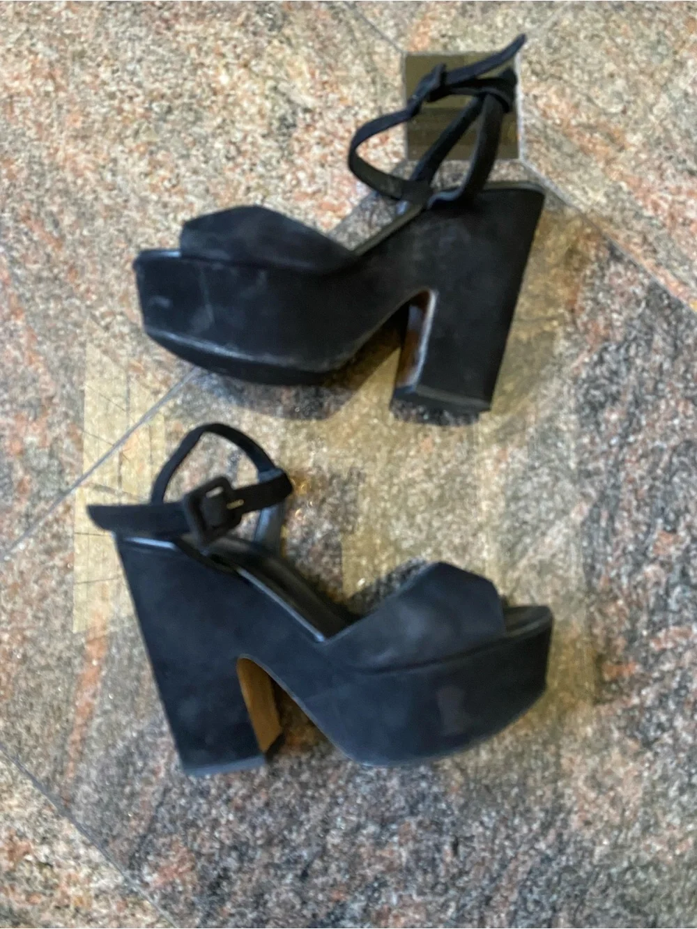 L Silla Black Suede Platform Block Heel Sandals, Size 8